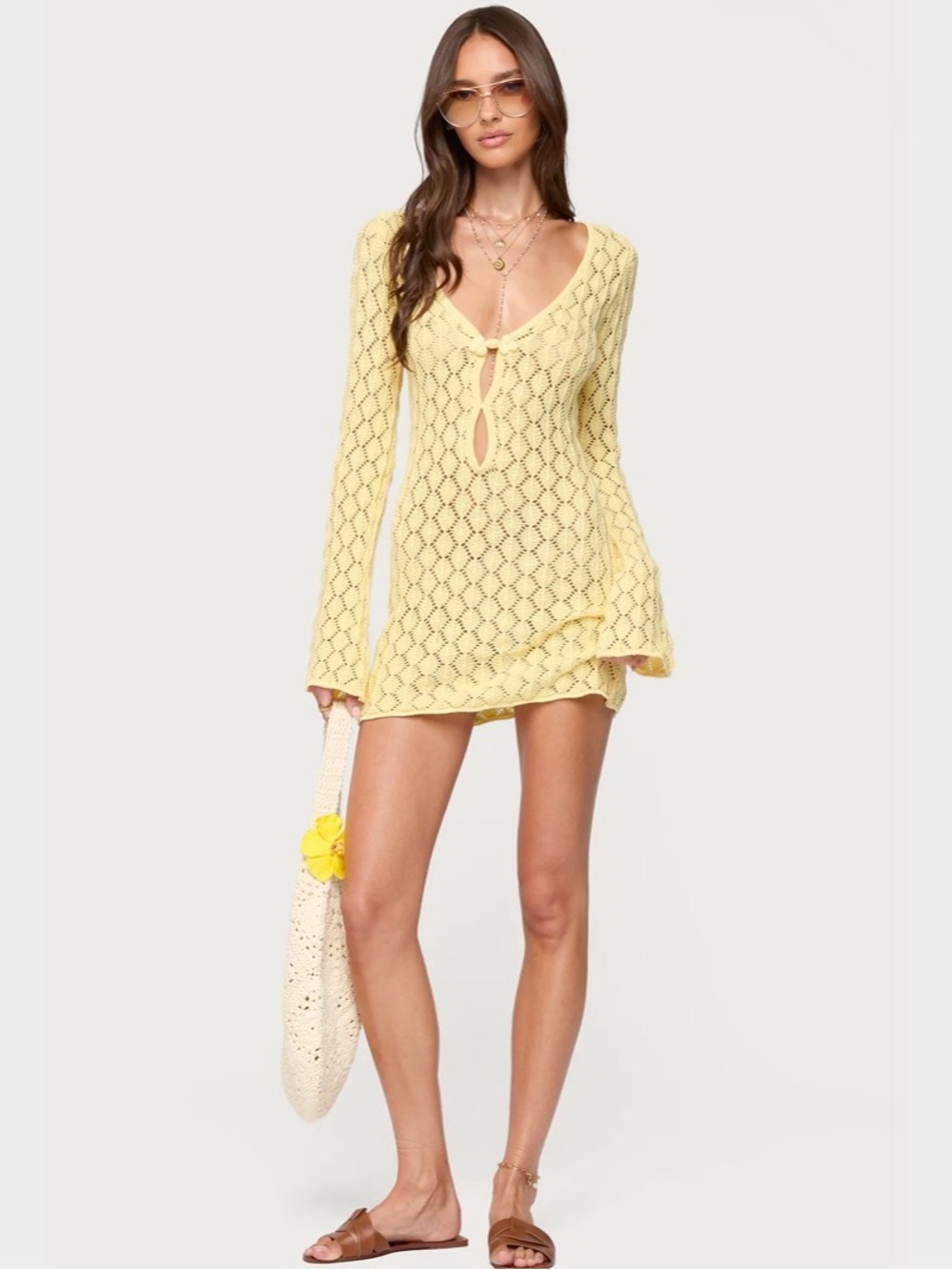 Edikted Size XS - Light Yellow Crochet Knit V-Neck Women’s Dress